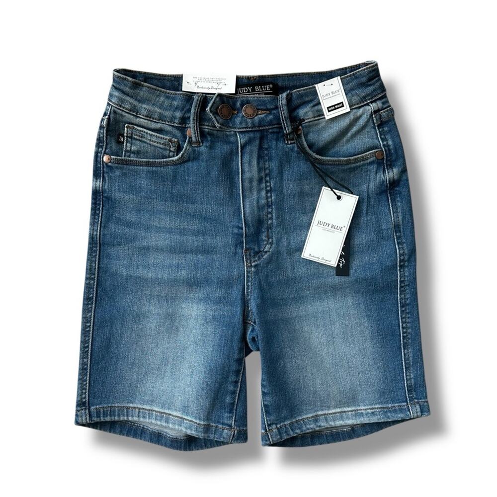 New Judy Blue Medium Blue Double Button Control Top Denim Jean Shorts Size Small